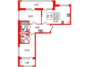 Квартира в ЖК 'Дворцовый фасад', 2 комнатная, 51.97 м², 2 этаж
