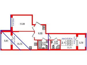 Квартира в ЖК 'Дворцовый фасад', 2 комнатная, 52.43 м², 4 этаж