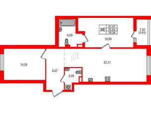 Квартира в ЖК «Черная Речка», 2 комнатная, 78.26 м², 1 этаж
