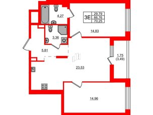 Квартира в ЖК «Черная Речка», 2 комнатная, 70.25 м², 1 этаж