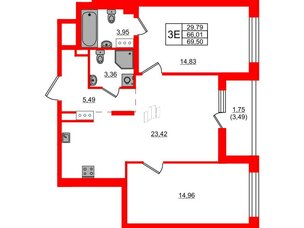 Квартира в ЖК «Черная Речка», 2 комнатная, 69.5 м², 2 этаж