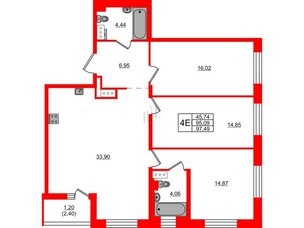 Квартира в ЖК «Черная Речка», 3 комнатная, 97.49 м², 2 этаж