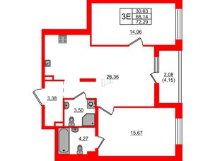 Квартира в ЖК «Черная Речка», 2 комнатная, 72.29 м², 1 этаж