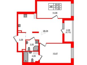 Квартира в ЖК «Черная Речка», 2 комнатная, 71.69 м², 2 этаж