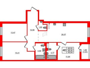 Квартира в ЖК «Черная Речка», 3 комнатная, 93.54 м², 2 этаж