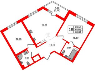 Квартира в ЖК «Черная Речка», 2 комнатная, 69.81 м², 2 этаж