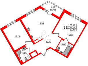 Квартира в ЖК «Черная Речка», 2 комнатная, 69.48 м², 4 этаж