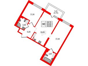 Квартира в ЖК «Черная Речка», 2 комнатная, 65.68 м², 2 этаж