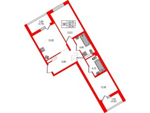 Квартира в ЖК «Черная Речка», 2 комнатная, 62.94 м², 12 этаж