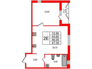 Квартира в ЖК Дзета, 1 комнатная, 46 м², 2 этаж