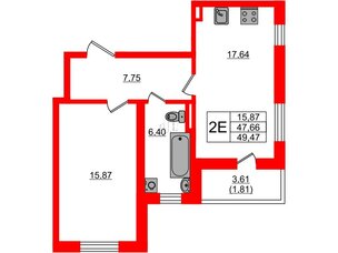 Квартира в ЖК Новая история, 1 комнатная, 49.47 м², 1 этаж
