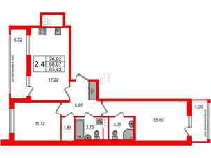 Квартира в ЖК Титул в Московском, 2 комнатная, 60.07 м², 10 этаж