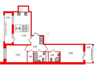 Квартира в ЖК Титул в Московском, 2 комнатная, 59.98 м², 6 этаж