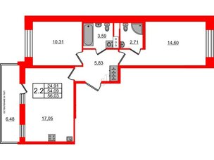 Квартира в ЖК Титул в Московском, 2 комнатная, 54.09 м², 4 этаж