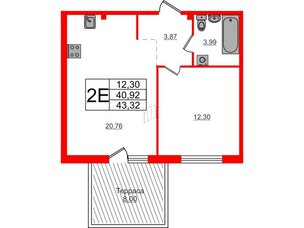 Квартира в ЖК Счастье 2.0, 1 комнатная, 43.3 м², 1 этаж