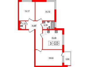 Квартира в ЖК Счастье 2.0, 3 комнатная, 84.6 м², 5 этаж