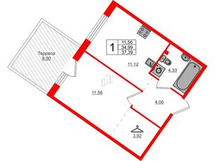 Квартира в ЖК Счастье 2.0, 1 комнатная, 37.39 м², 1 этаж