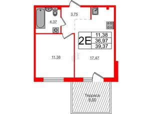 Квартира в ЖК Счастье 2.0, 1 комнатная, 39.37 м², 1 этаж