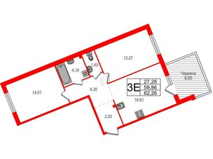 Квартира в ЖК Счастье 2.0, 2 комнатная, 62.26 м², 1 этаж