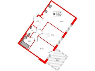 Квартира в ЖК Счастье 2.0, 2 комнатная, 57.44 м², 1 этаж