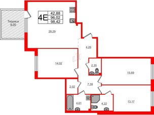 Квартира в ЖК Счастье 2.0, 3 комнатная, 98.42 м², 1 этаж