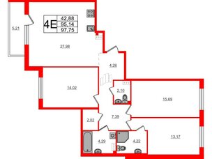 Квартира в ЖК Счастье 2.0, 3 комнатная, 97.75 м², 2 этаж