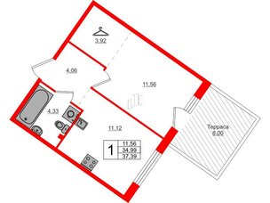 Квартира в ЖК Счастье 2.0, 1 комнатная, 37.39 м², 1 этаж