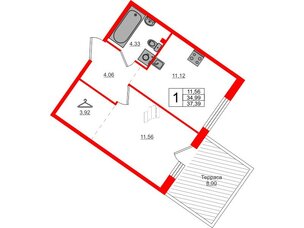 Квартира в ЖК Счастье 2.0, 1 комнатная, 37.39 м², 1 этаж