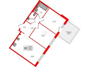 Квартира в ЖК Счастье 2.0, 2 комнатная, 57.44 м², 1 этаж