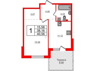 Квартира в ЖК Счастье 2.0, 1 комнатная, 40.56 м², 1 этаж