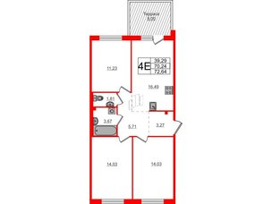 Квартира в ЖК Счастье 2.0, 3 комнатная, 72.64 м², 1 этаж