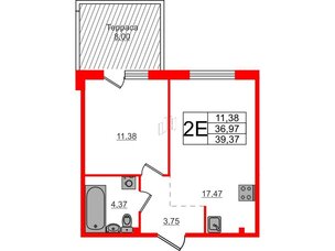 Квартира в ЖК Счастье 2.0, 1 комнатная, 39.37 м², 1 этаж