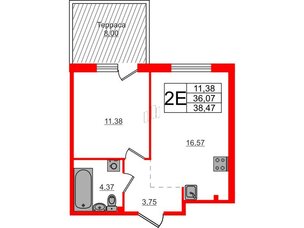 Квартира в ЖК Счастье 2.0, 1 комнатная, 38.47 м², 1 этаж