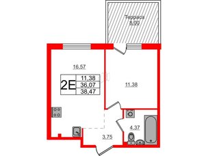 Квартира в ЖК Счастье 2.0, 1 комнатная, 38.47 м², 1 этаж