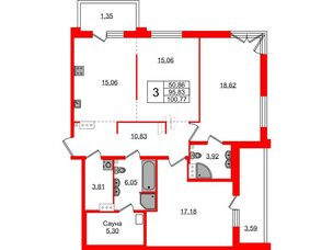 Квартира в ЖК Лисино, 3 комнатная, 100.77 м², 2 этаж