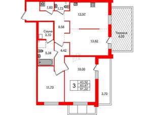 Квартира в ЖК Лисино, 3 комнатная, 91.22 м², 1 этаж