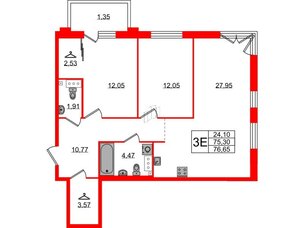 Квартира в ЖК Лисино, 2 комнатная, 76.65 м², 2 этаж