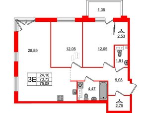 Квартира в ЖК Лисино, 2 комнатная, 75.08 м², 2 этаж