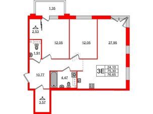 Квартира в ЖК Лисино, 2 комнатная, 76.65 м², 3 этаж