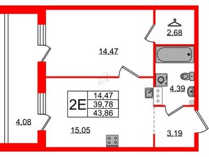 Квартира в ЖК Лисино, 1 комнатная, 43.86 м², 2 этаж