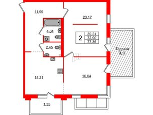 Квартира в ЖК Лисино, 2 комнатная, 77.36 м², 1 этаж