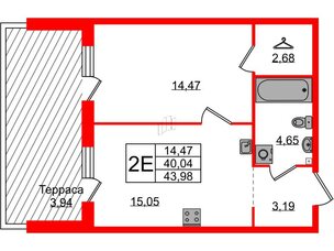 Квартира в ЖК Лисино, 1 комнатная, 43.98 м², 1 этаж