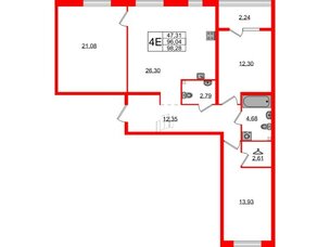 Квартира в ЖК Лисино, 3 комнатная, 98.28 м², 2 этаж