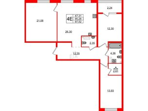 Квартира в ЖК Лисино, 3 комнатная, 97.52 м², 4 этаж