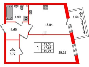 Квартира в ЖК Лисино, 1 комнатная, 49.21 м², 2 этаж