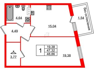 Квартира в ЖК Лисино, 1 комнатная, 48.86 м², 4 этаж