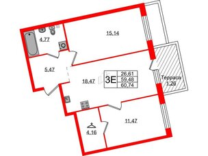 Квартира в ЖК Лисино, 2 комнатная, 60.74 м², 1 этаж