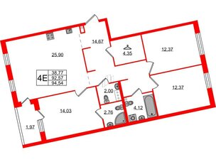 Квартира в ЖК Лисино, 3 комнатная, 94.54 м², 2 этаж