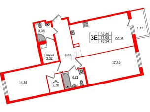 Квартира в ЖК Лисино, 2 комнатная, 78.24 м², 1 этаж