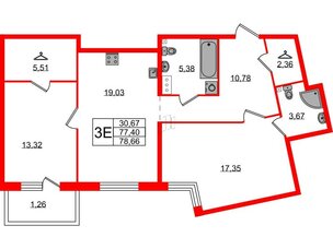 Квартира в ЖК Лисино, 2 комнатная, 78.66 м², 2 этаж